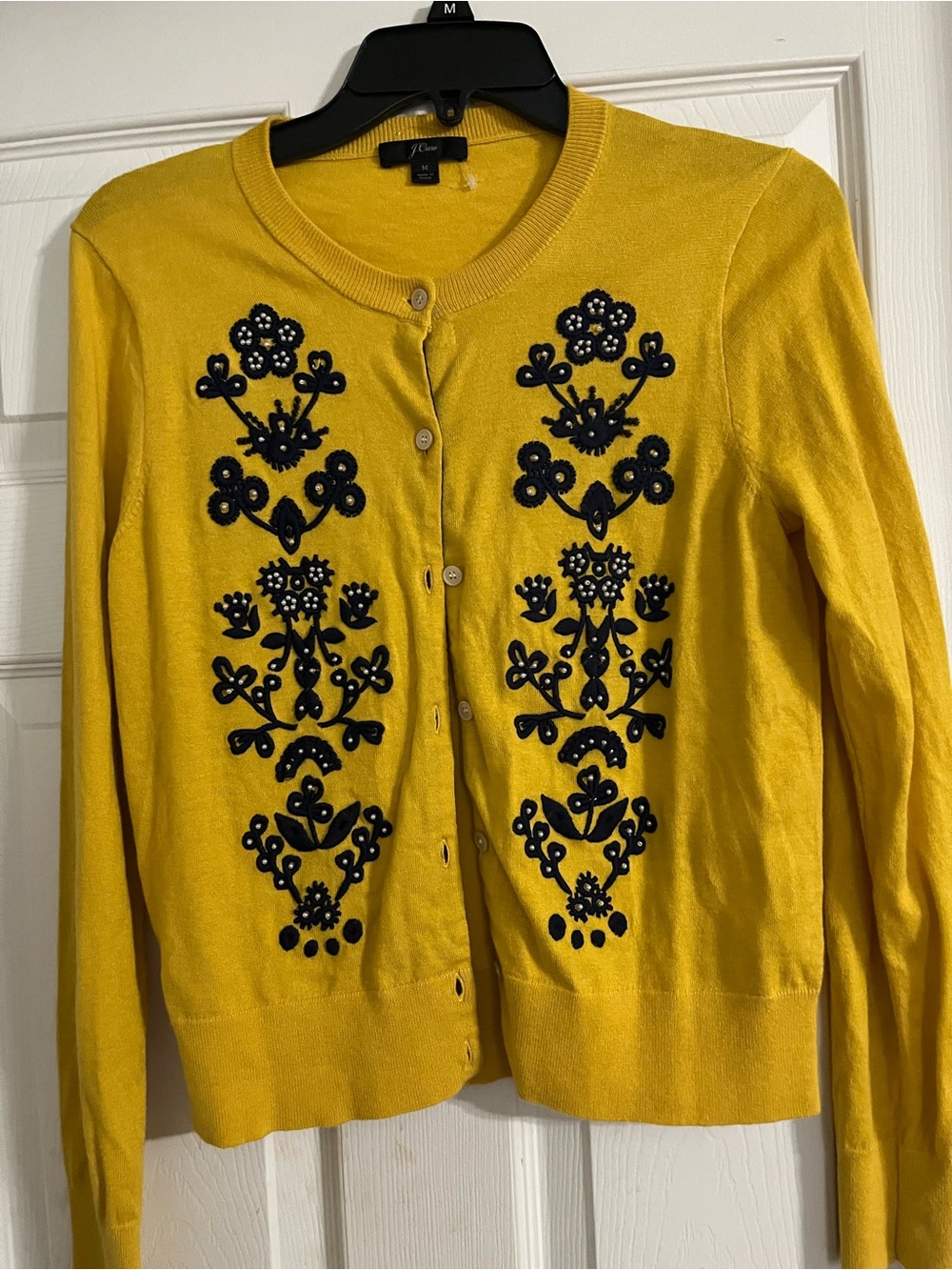 J. Crew Yellow Cardigan with Navy Floral Embroidery